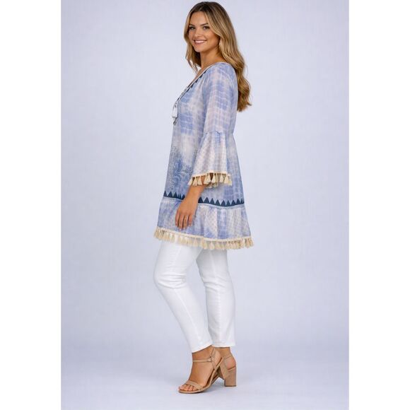Sacred Threads Tops - Sacred Threads Blue Boho Tassel Tunic Tie‑Dye Coastal Style Size L/XL